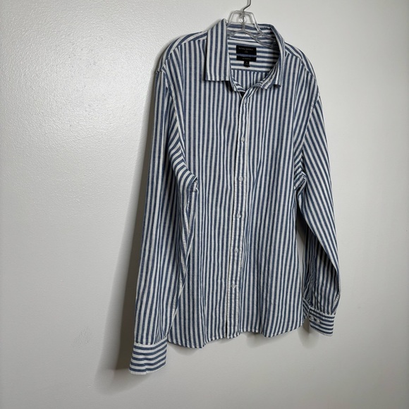 Banana Republic Men XL Linen Button-Up Shirt Blue White Stripe Untucked Slim Fit - Picture 2 of 6